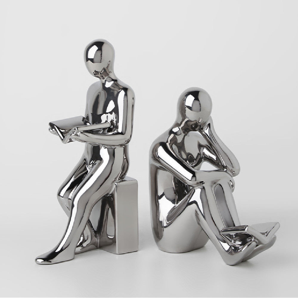 White Porcelain Bookend Set - Reading Figure Sculptures for Home & Office Decor