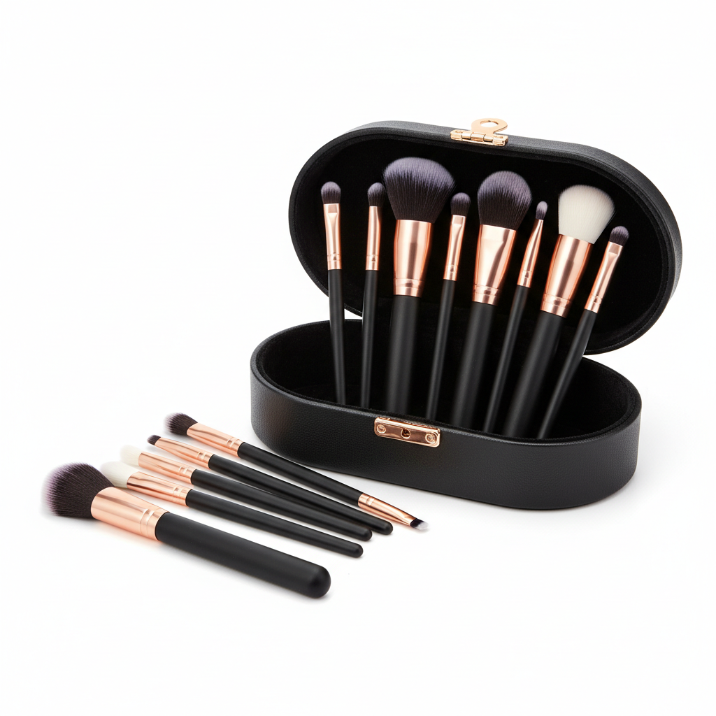 Professional makeup brush set with 12 brushes in rose gold