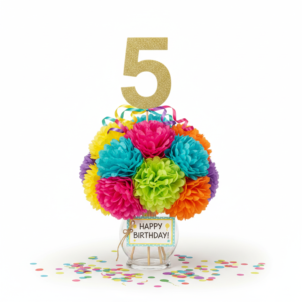 Birthday table centerpiece with colorful pom poms and number