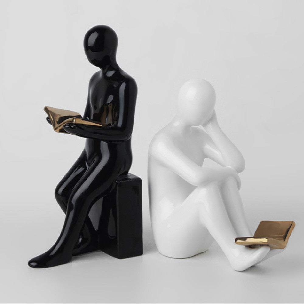 White Porcelain Bookend Set - Reading Figure Sculptures for Home & Office Decor