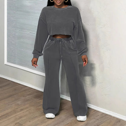 Womens Solid-Color Loose Wide-Leg Pants And Long-Sleeve Top Set