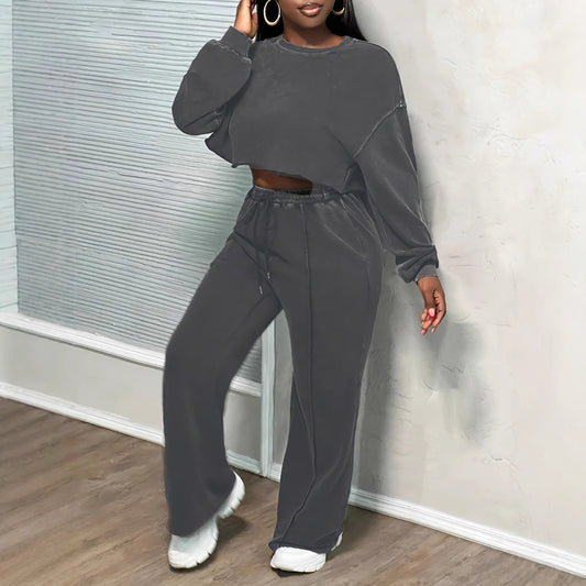 Womens Solid-Color Loose Wide-Leg Pants And Long-Sleeve Top Set