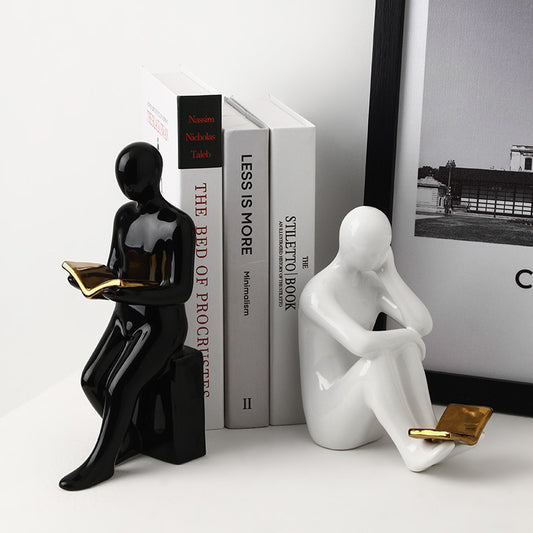 White Porcelain Bookend Set - Reading Figure Sculptures for Home & Office Decor