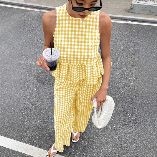 Womens Casual Crew-neck Sleeveless Top With Ruffled Hem And Straight-leg Pants