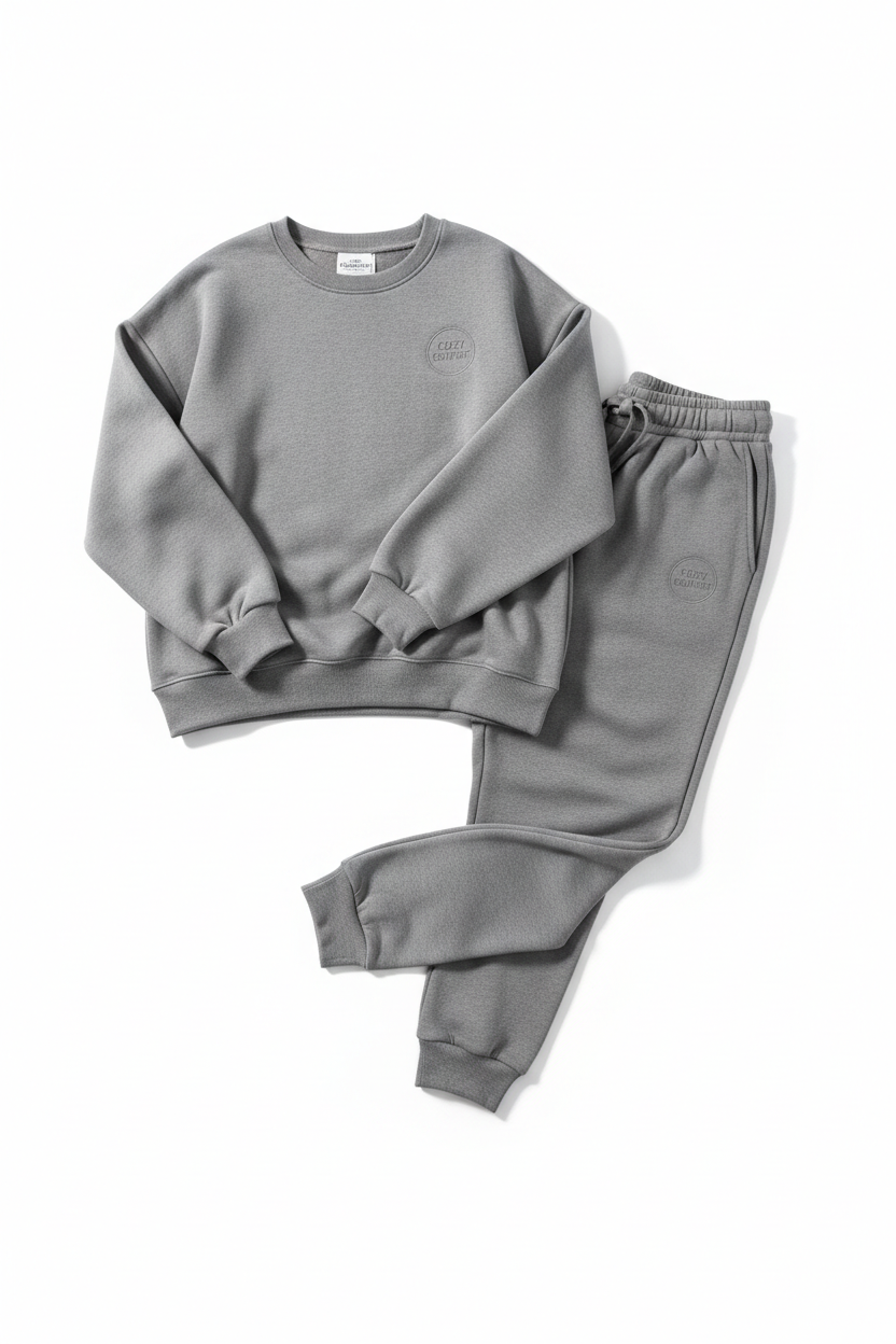 Gray cozy loungewear set with sweatshirt and joggers