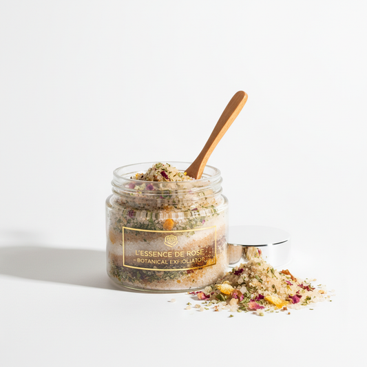Luxury body scrub in glass jar with natural ingredients