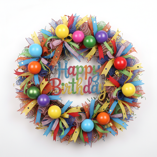 Colorful birthday door wreath with ribbons and balloons