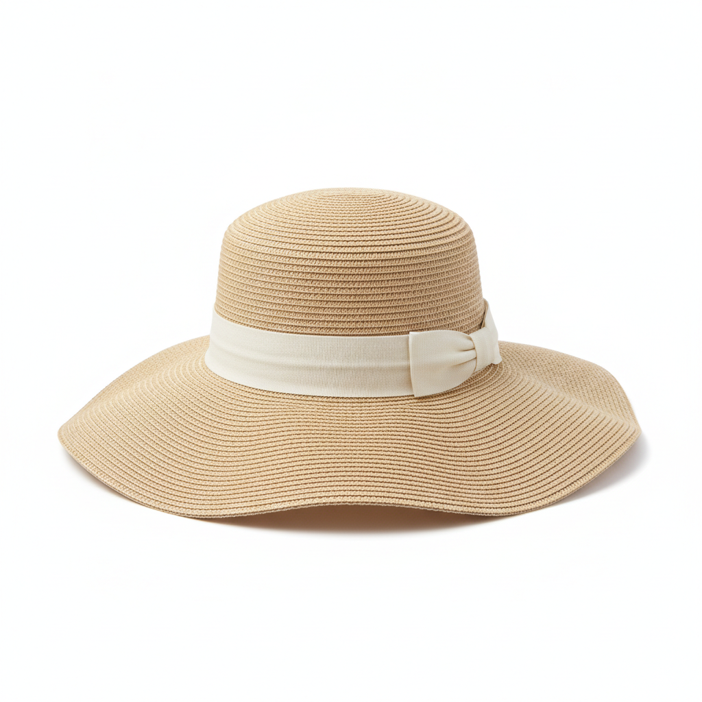 Beige straw wide brim sun hat