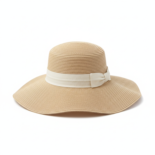 Beige straw wide brim sun hat