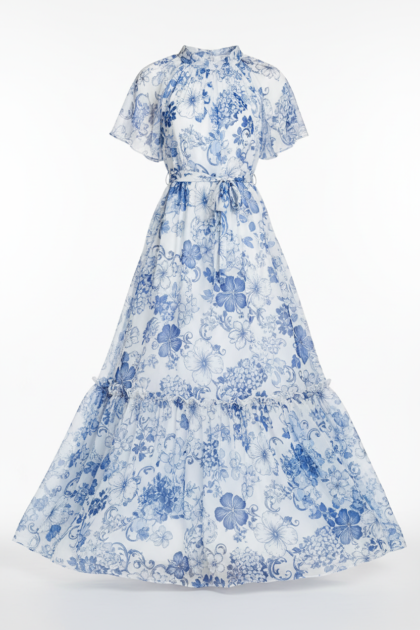 Blue and white floral maxi dress