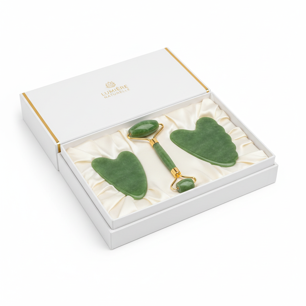 Jade facial roller and gua sha set in elegant box